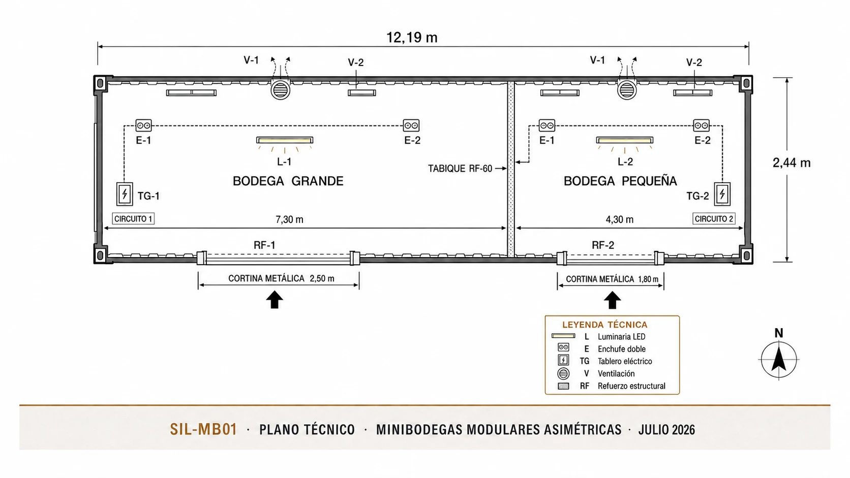 Plano técnico con instalaciones eléctricas y ventilación de las minibodegas
